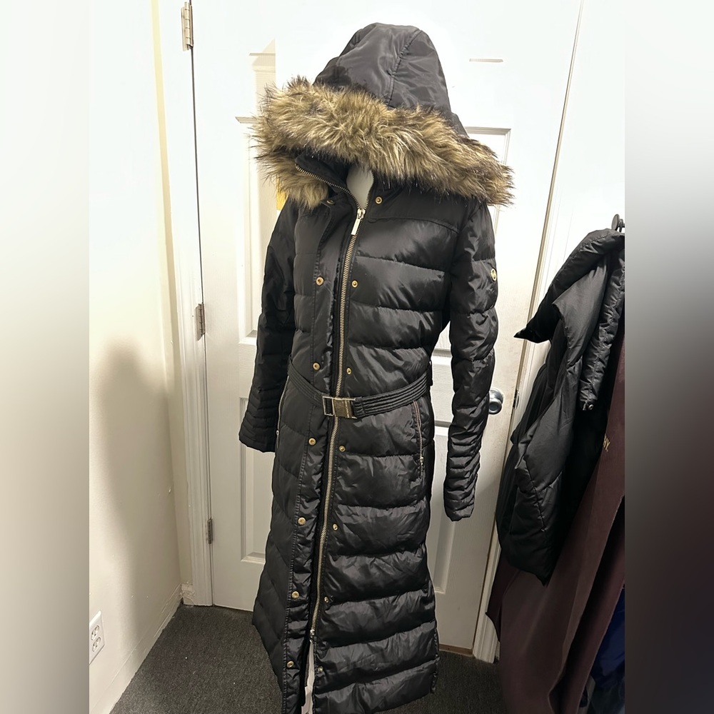 Michael Kors Black Puffer Coat with Faux Fur Trim